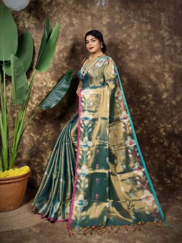 Sunflower Design Soft Dual Tone Tissue Sari - With Blouse Piece