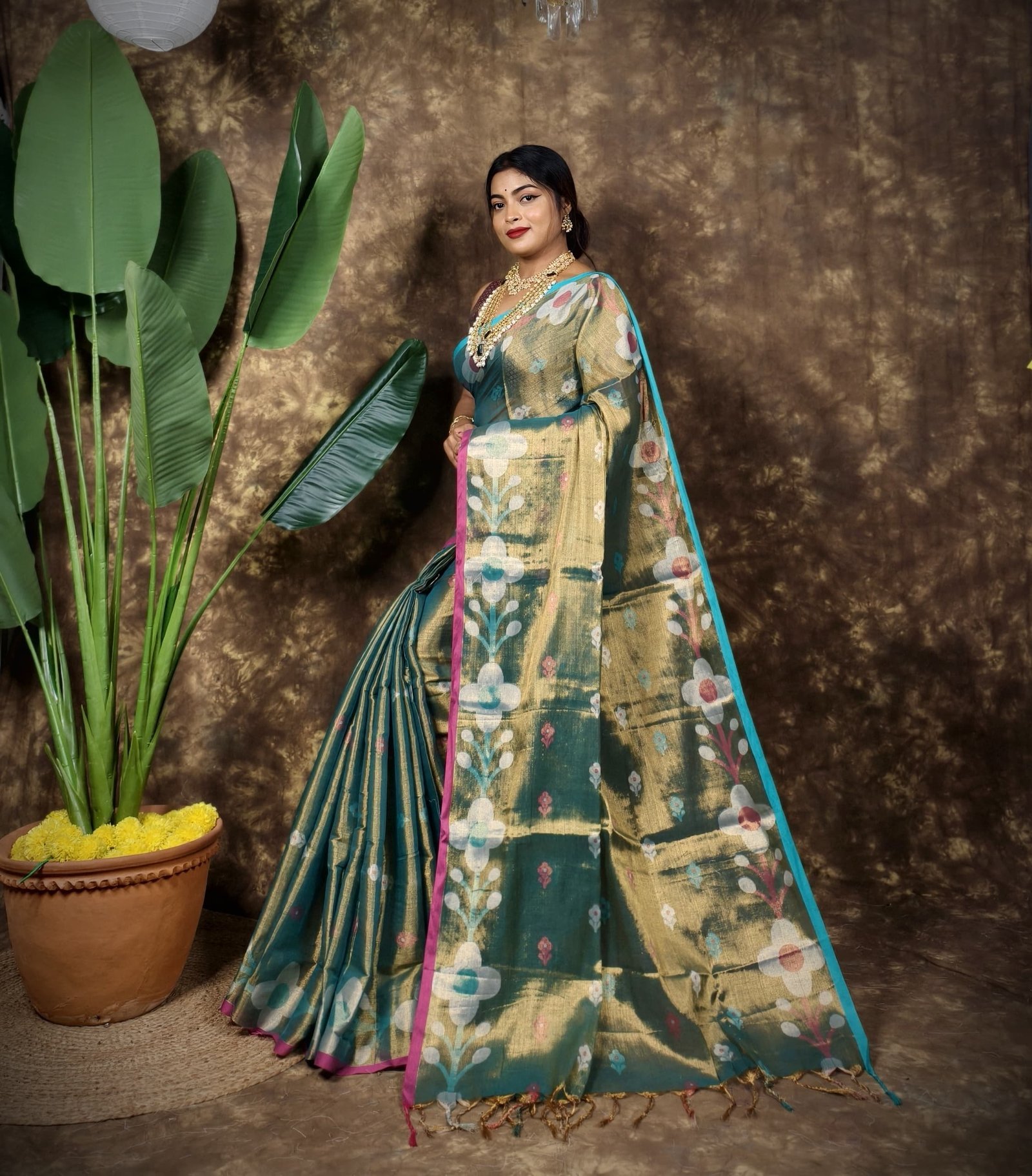 Sunflower Design Soft Dual Tone Tissue Sari - With Blouse Piece 1 Sunflower Design Soft Dual Tone Tissue Sari - With Blouse Piece
