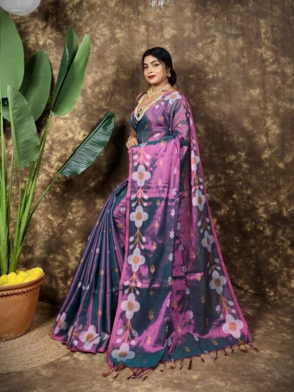 Sunflower Design Soft Dual Tone Tissue Sari - With Blouse Piece