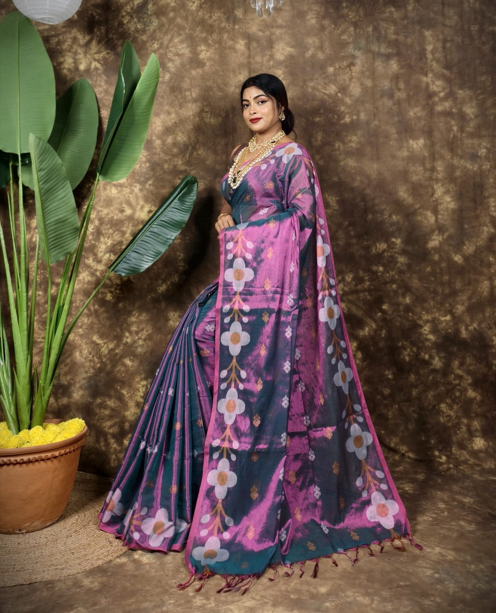 Sunflower Design Soft Dual Tone Tissue Sari - With Blouse Piece 1 Sunflower Design Soft Dual Tone Tissue Sari - With Blouse Piece