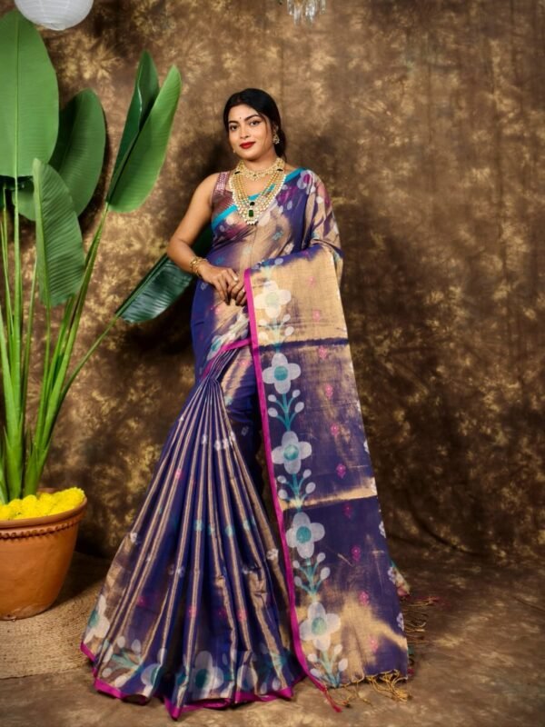 Sunflower Design Soft Dual Tone Tissue Sari - With Blouse Piece