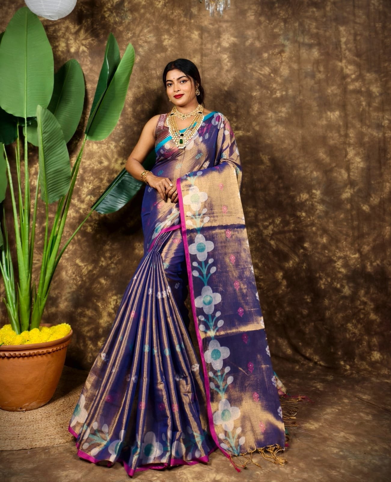 Sunflower Design Soft Dual Tone Tissue Sari - With Blouse Piece 1 Sunflower Design Soft Dual Tone Tissue Sari - With Blouse Piece