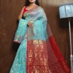Fountain Blue Soft Copper Joriwork Dhakai Jamdani Saree scaled 1