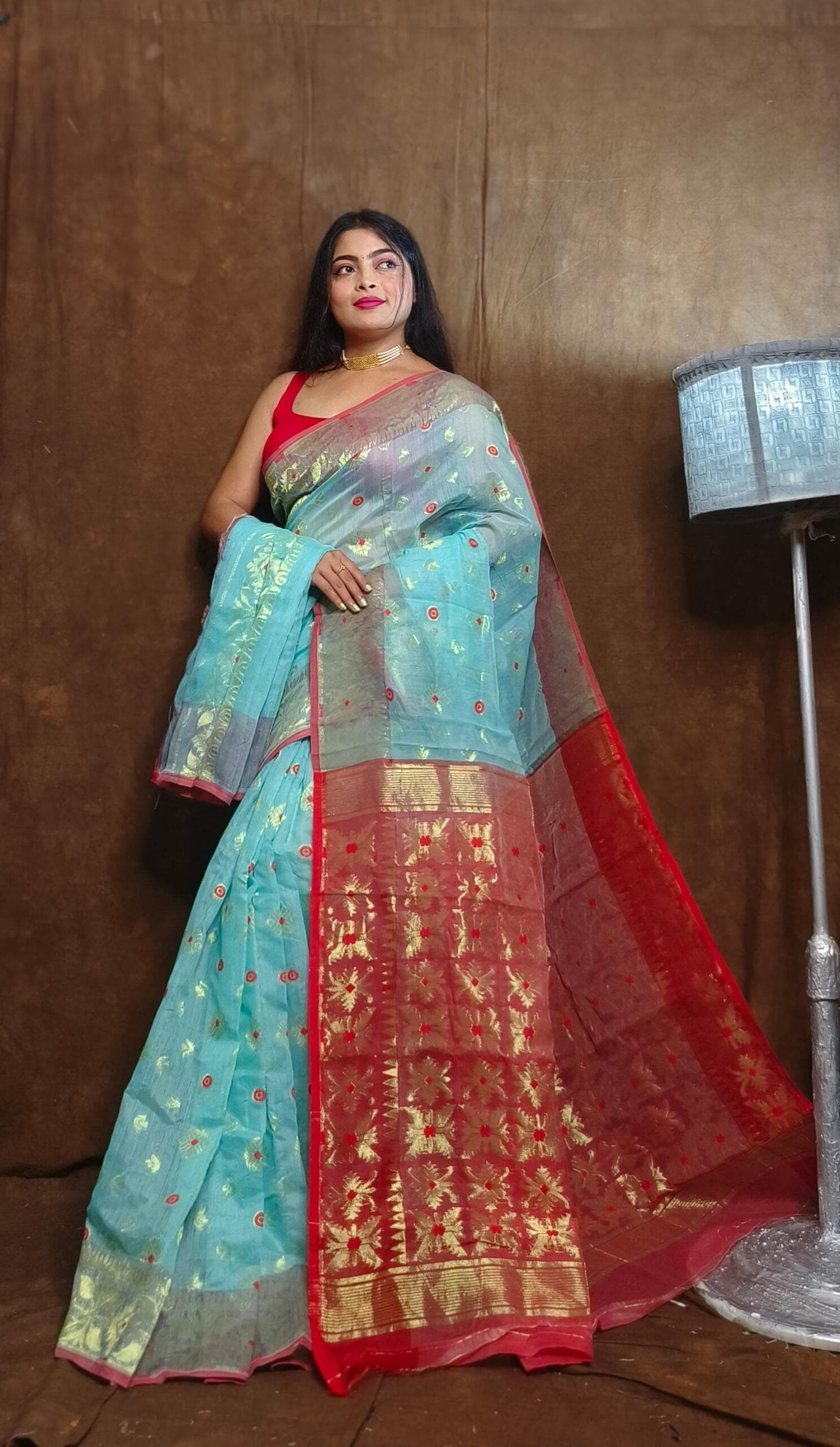 Fountain Blue Soft Copper Joriwork Dhakai Jamdani Saree 1 Fountain Blue Soft Copper Joriwork Dhakai Jamdani Saree