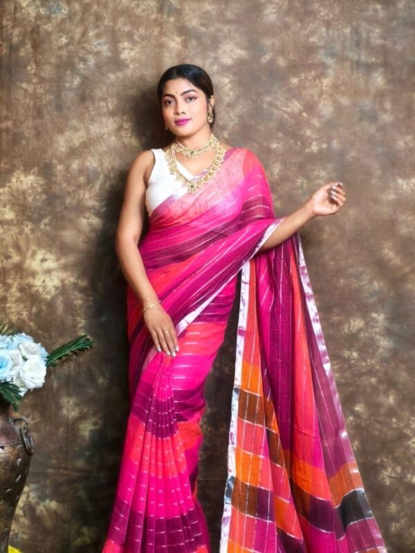 Dual Tone Plain Linen Saree With Blouse Piece