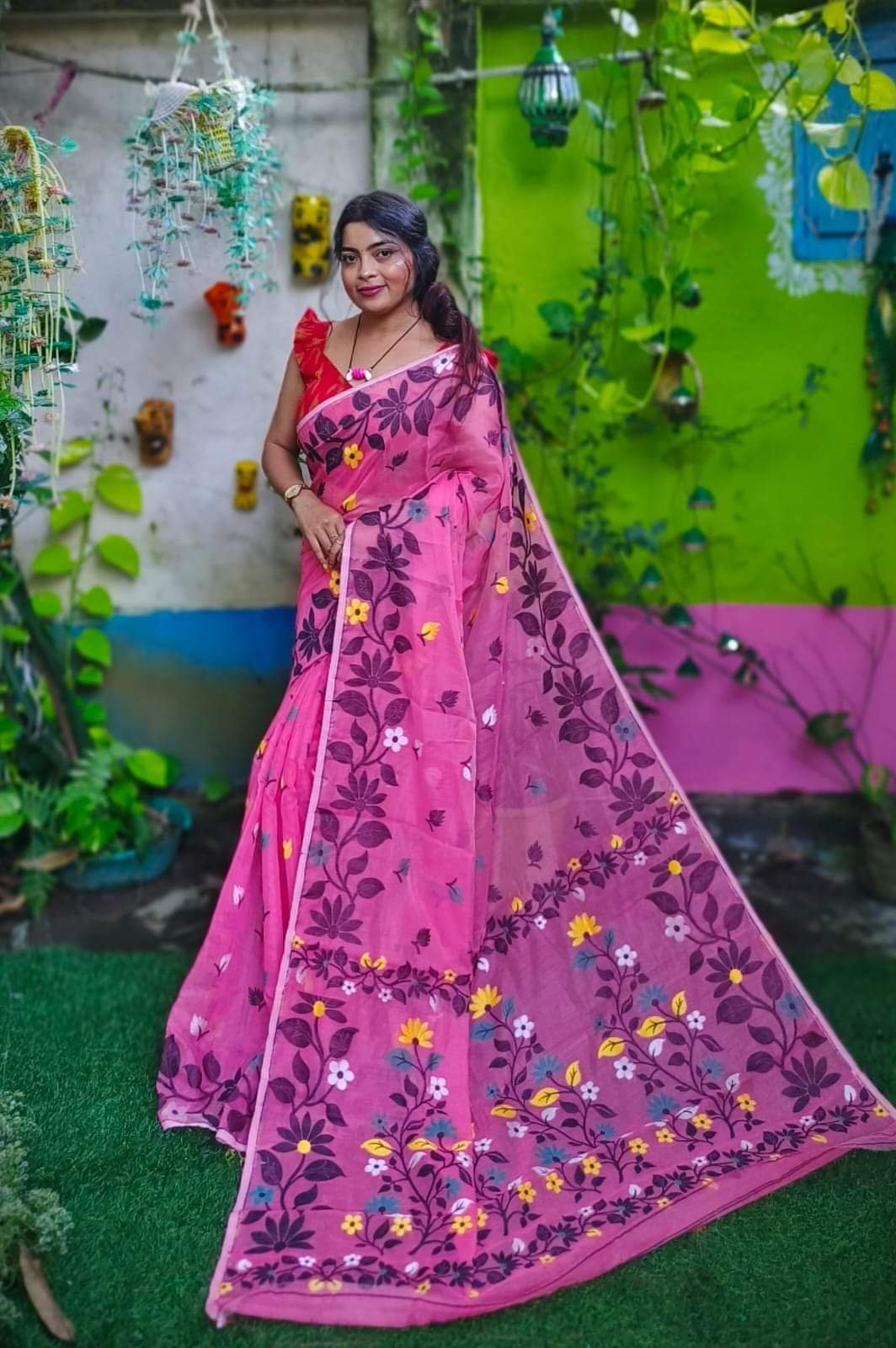 Hot Pink Soft Lota Jamdani Sari 1 Hot Pink Soft Lota Jamdani Sari