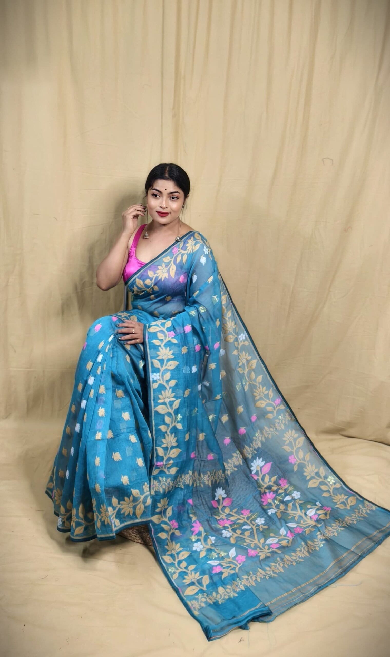 Teal Blue Soft Lota Jamdani Sari 3 Teal Blue Soft Lota Jamdani Sari - Image 3