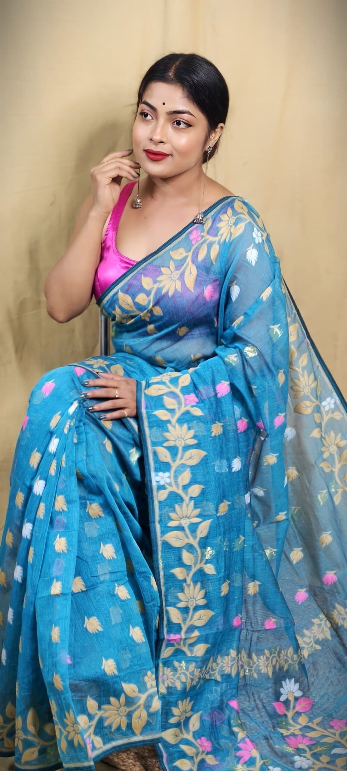 Teal Blue Soft Lota Jamdani Sari 5 Teal Blue Soft Lota Jamdani Sari - Image 5