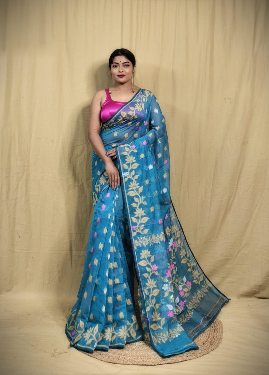 Teal Blue Soft Lota Jamdani Sari 1 Teal Blue Soft Lota Jamdani Sari