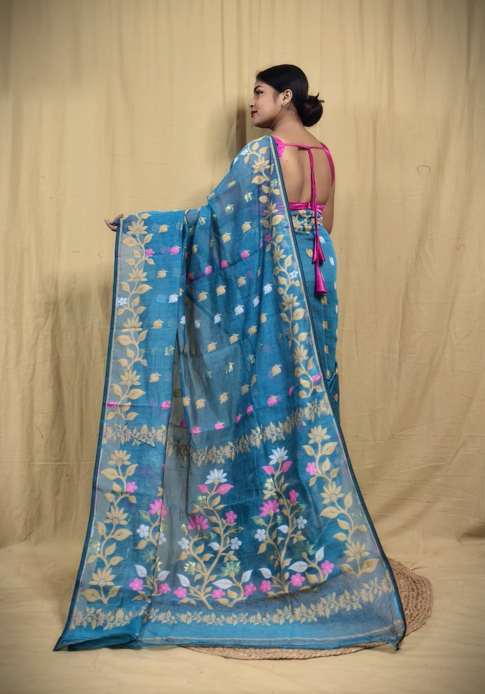 Teal Blue Soft Lota Jamdani Sari 2 Teal Blue Soft Lota Jamdani Sari - Image 2