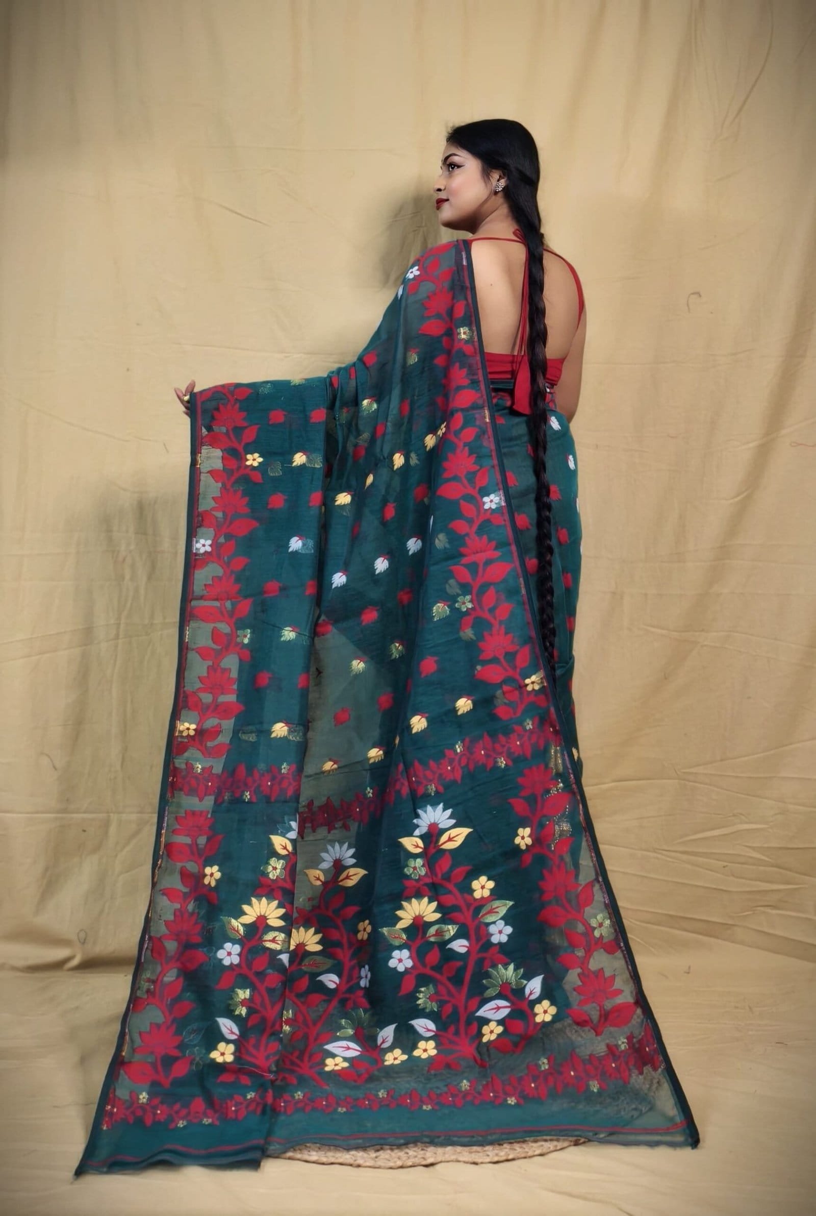 Bottle Green Soft Lota Jamdani Sari 2 Bottle Green Soft Lota Jamdani Sari - Image 2