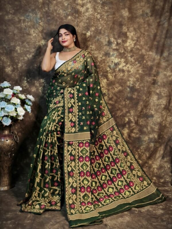 Kusum Koli Allover Dark Green Soft Jamdani Saree