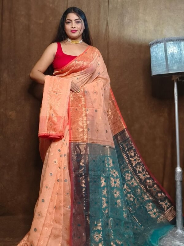 Light Salmon Soft Copper Joriwork Dhakai Jamdani Saree 1 scaled 1