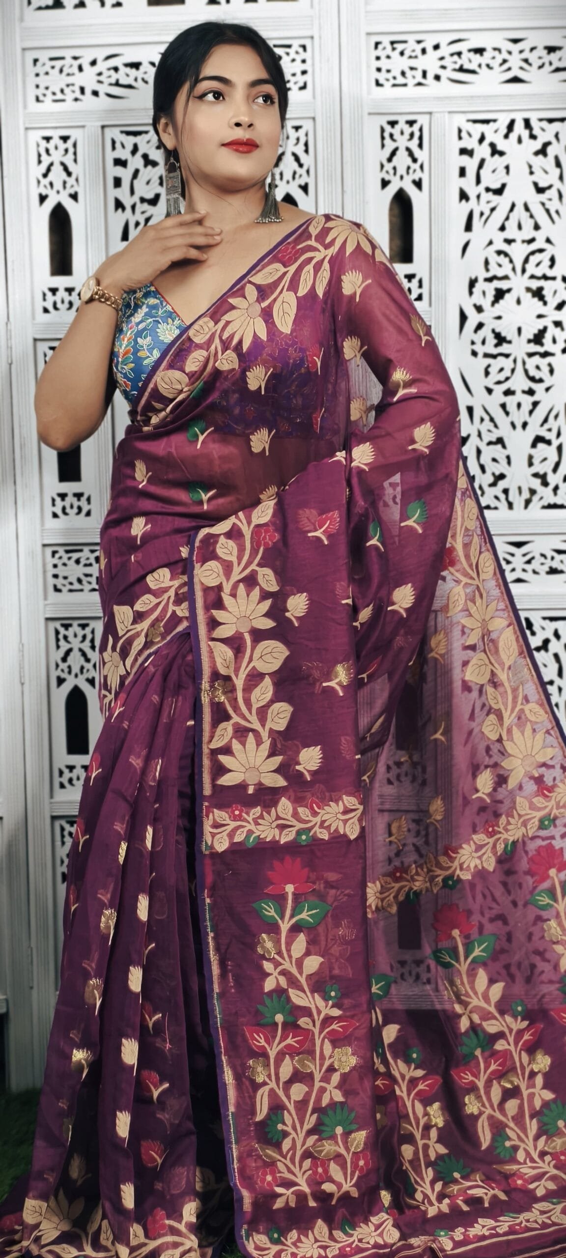 Old Mauve Soft Lota Jamdani Saree 2 Old Mauve Soft Lota Jamdani Saree - Image 2