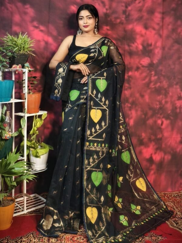 Pan Pata Soft Black Handloom Sari With Blouse Piece
