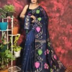 Pan Pata Soft Navy Blue Handloom Sari With Blouse Piece 2 e1748533829508