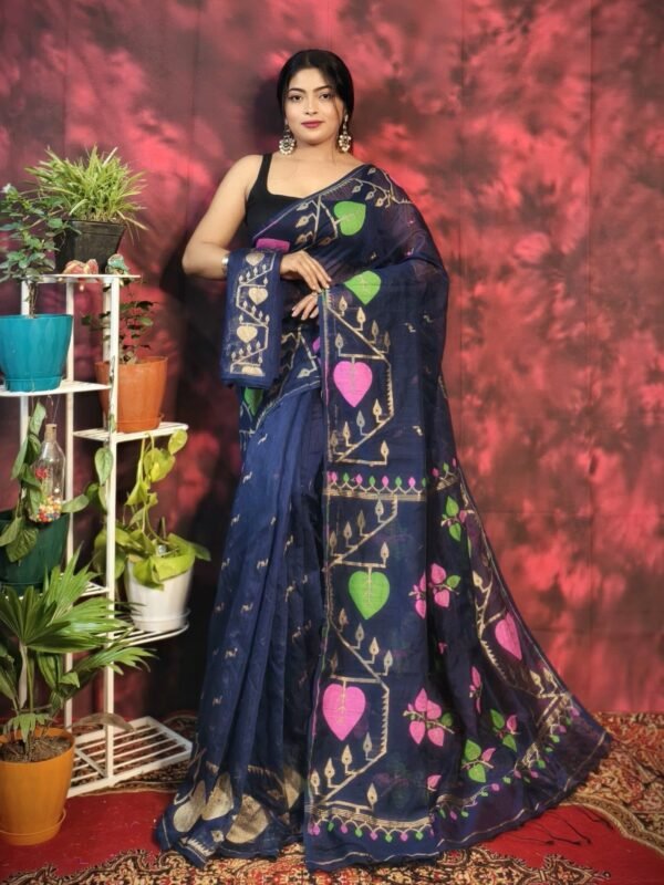 Pan Pata Soft Navy Blue Handloom Sari With Blouse Piece