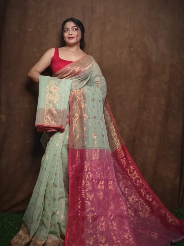 Sage Green Soft Copper Joriwork Dhakai Jamdani Saree 1 scaled 1
