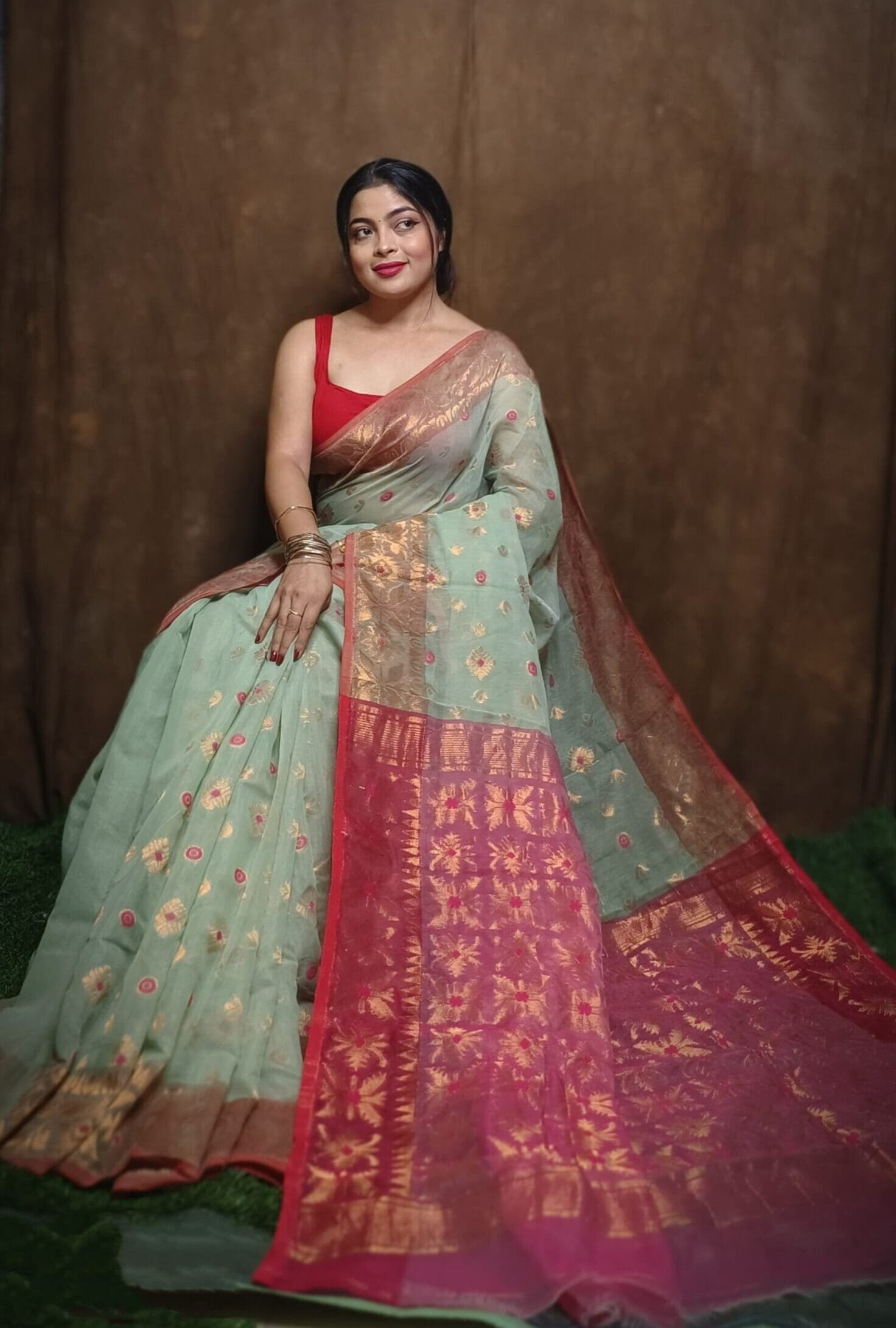 Sage Green Soft Copper Joriwork Dhakai Jamdani Saree 1 Sage Green Soft Copper Joriwork Dhakai Jamdani Saree