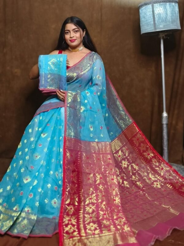 Sky Blue Soft Copper Joriwork Dhakai Jamdani Saree