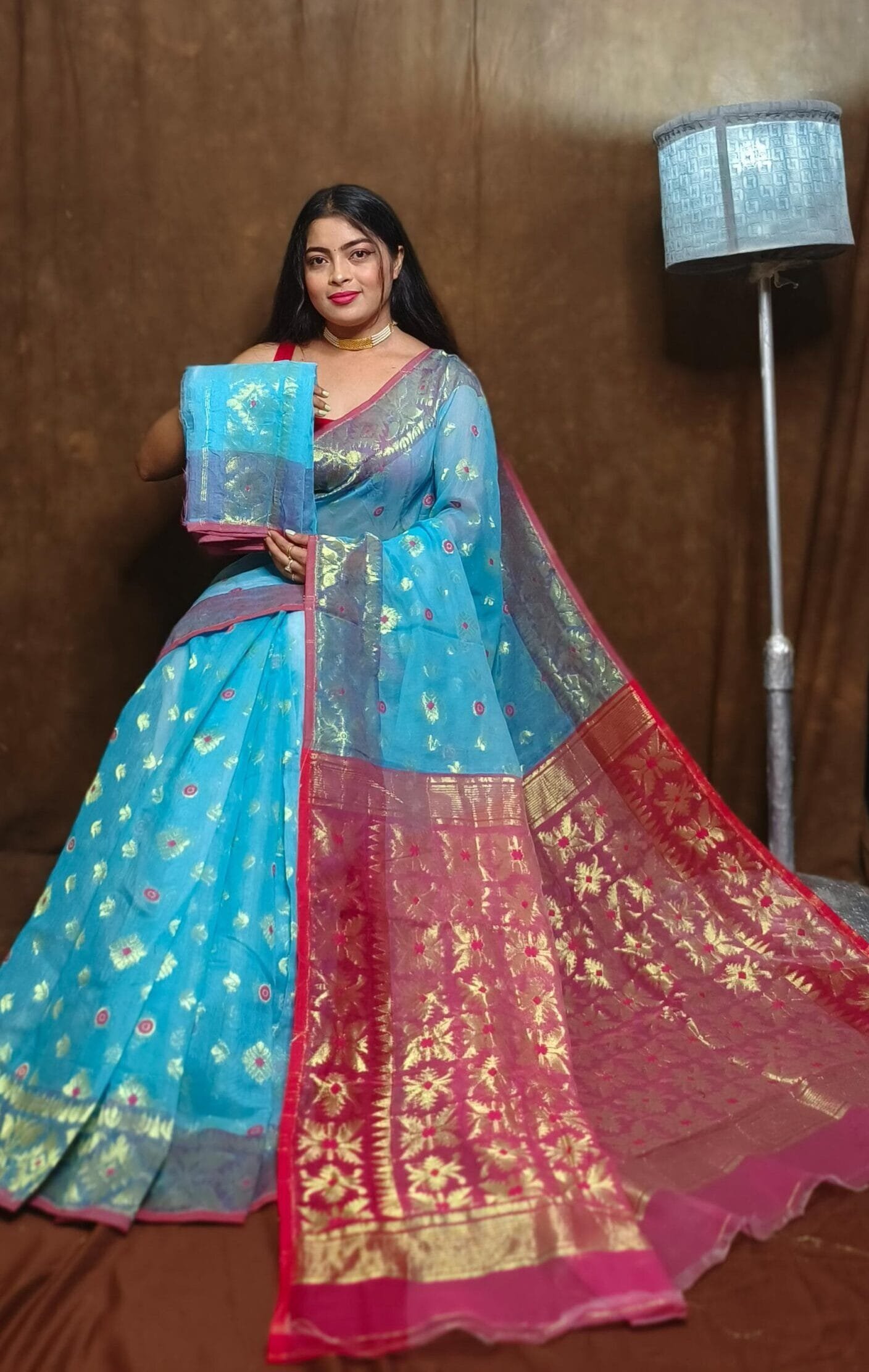 Sky Blue Soft Copper Joriwork Dhakai Jamdani Saree 1 Sky Blue Soft Copper Joriwork Dhakai Jamdani Saree