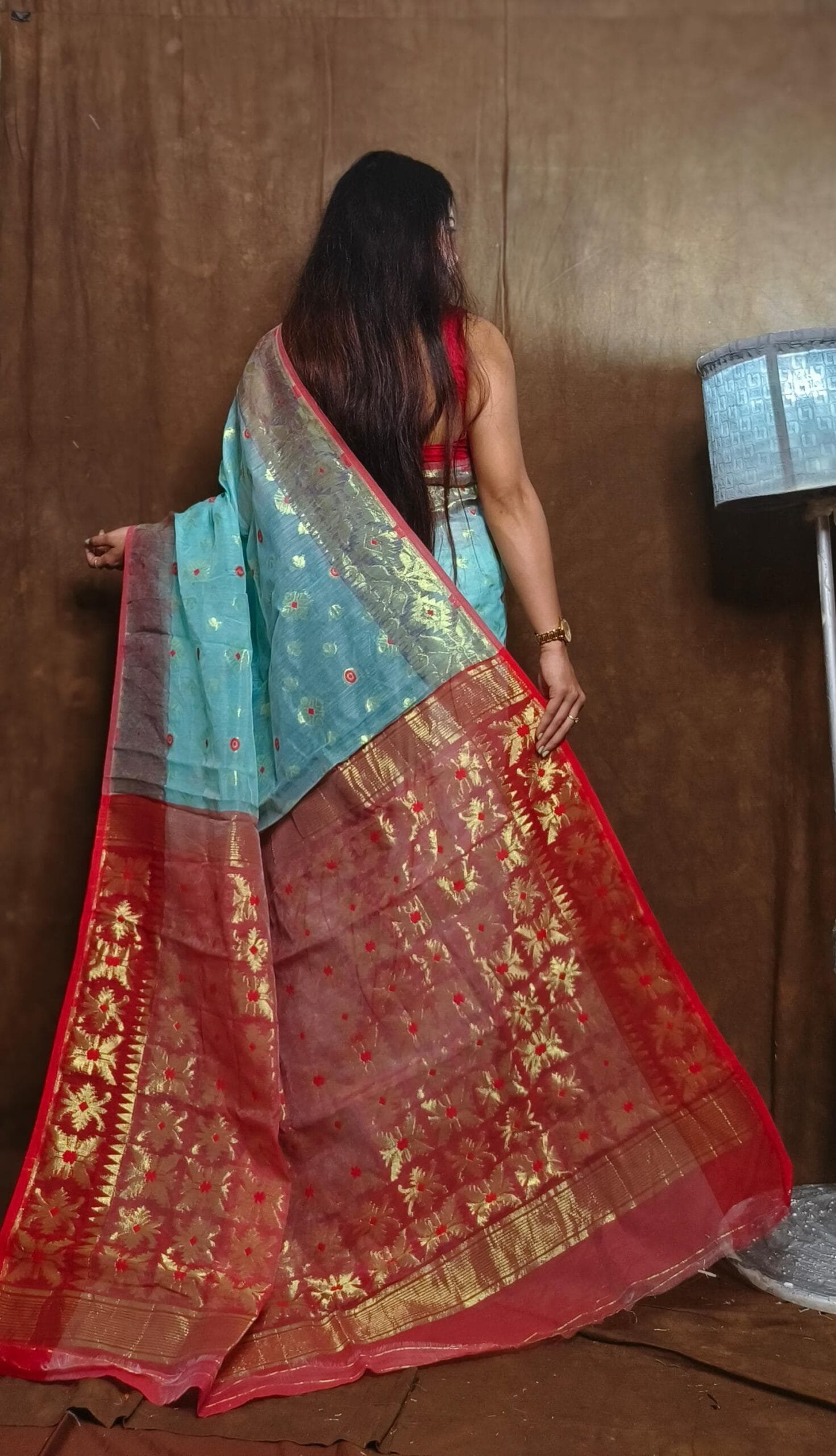 Sky Blue Soft Copper Joriwork Dhakai Jamdani Saree 3 Sky Blue Soft Copper Joriwork Dhakai Jamdani Saree - Image 3
