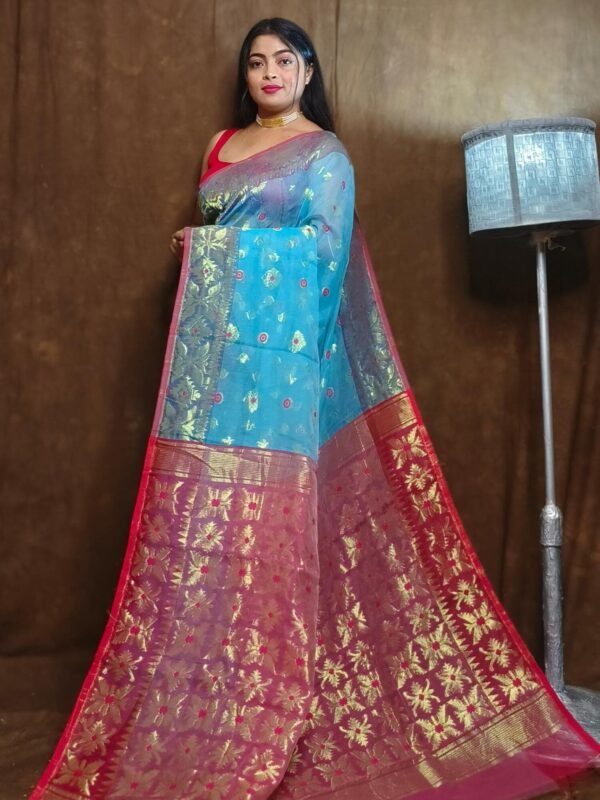 Sky Blue Soft Copper Joriwork Dhakai Jamdani Saree 3 scaled 1