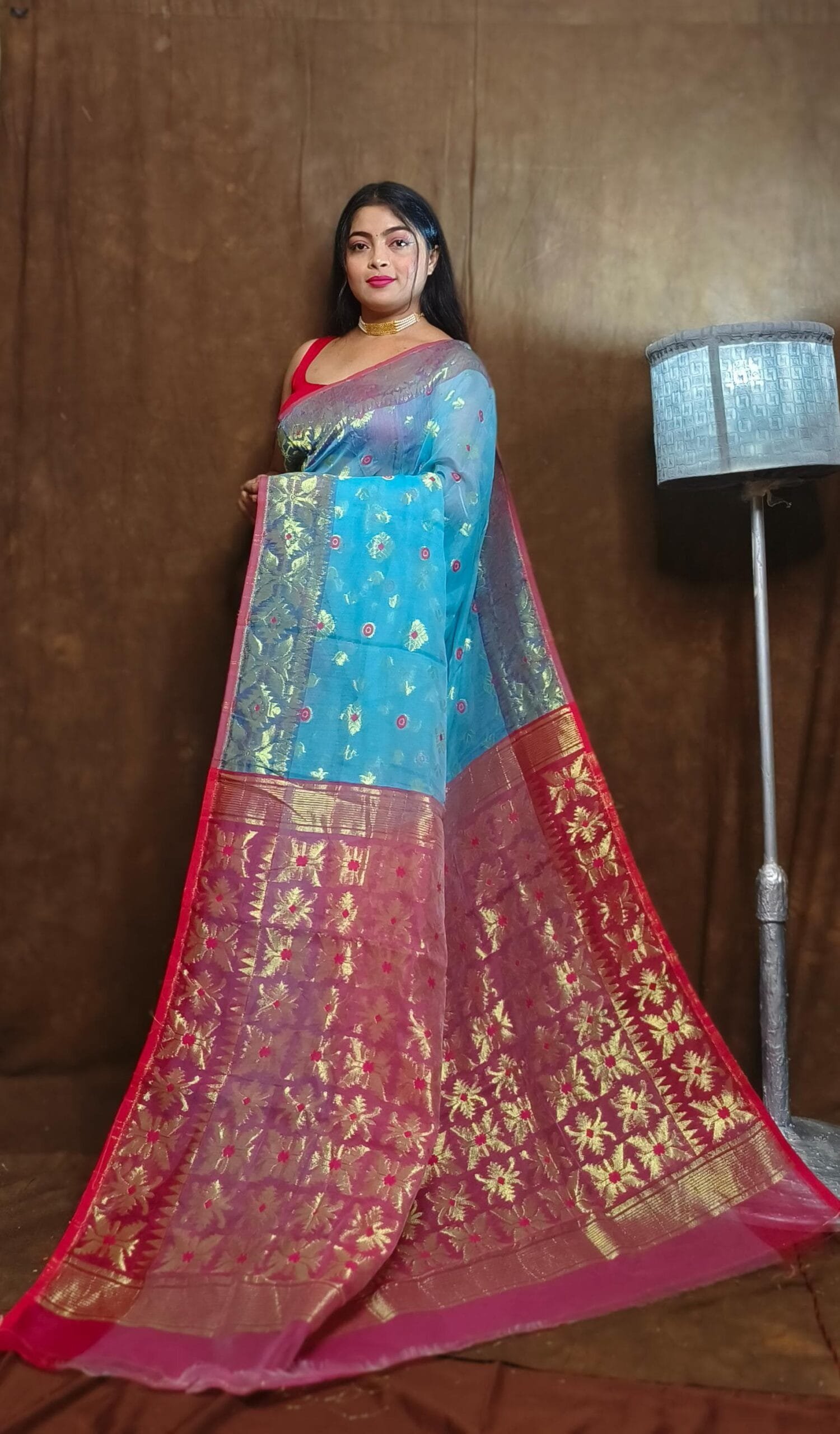 Sky Blue Soft Copper Joriwork Dhakai Jamdani Saree 2 Sky Blue Soft Copper Joriwork Dhakai Jamdani Saree - Image 2