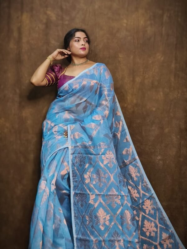 Home 86 Sky Blue Soft Copper Joriwork Jamdani Sari