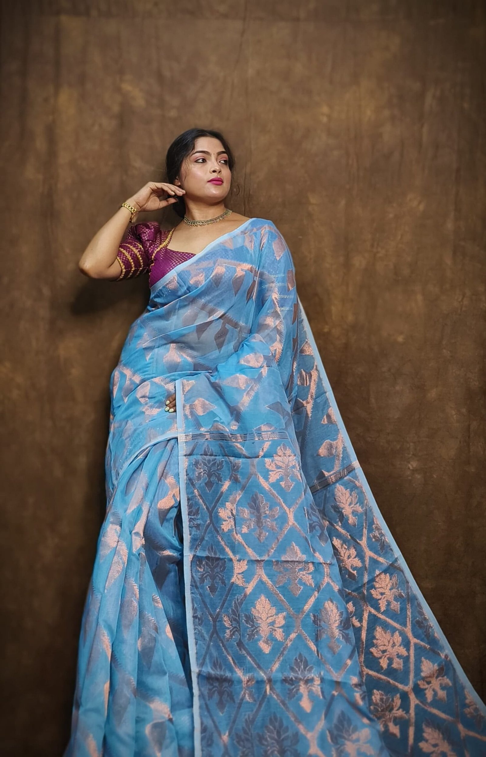 Sky Blue Soft Copper Joriwork Jamdani Sari 1 Sky Blue Soft Copper Joriwork Jamdani Sari
