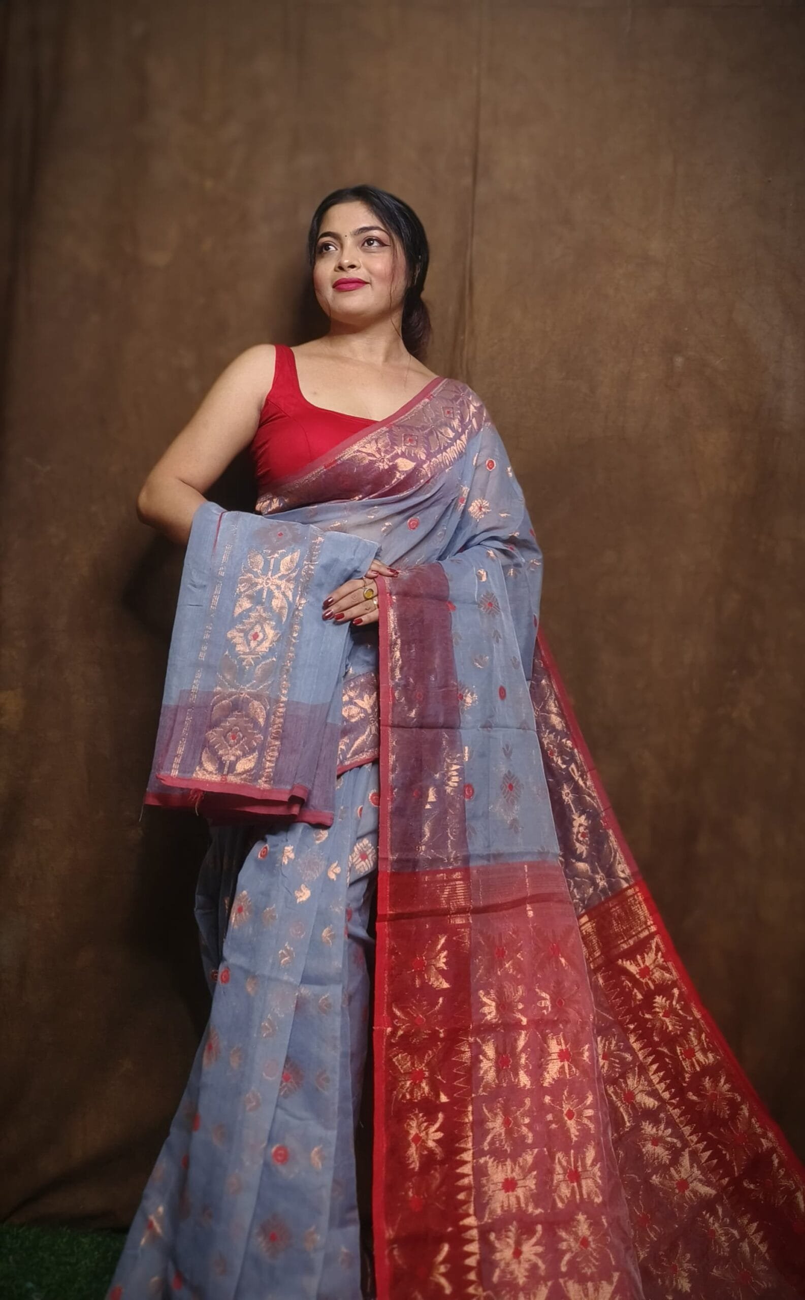 Slate Grey Soft Copper Joriwork Dhakai Jamdani Saree 1 Slate Grey Soft Copper Joriwork Dhakai Jamdani Saree