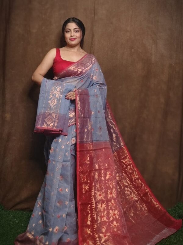 Slate Grey Soft Copper Joriwork Dhakai Jamdani Saree 2 scaled 1