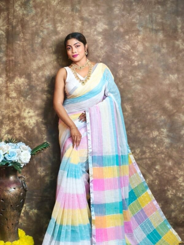 Dual Tone Plain Linen Saree With Blouse Piece