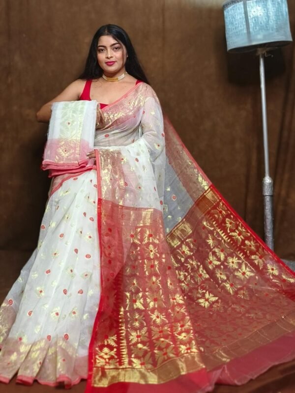 White Soft Copper Joriwork Dhakai Jamdani Saree
