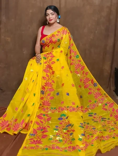 Yellow Red Soft Lota Jamdani Saree