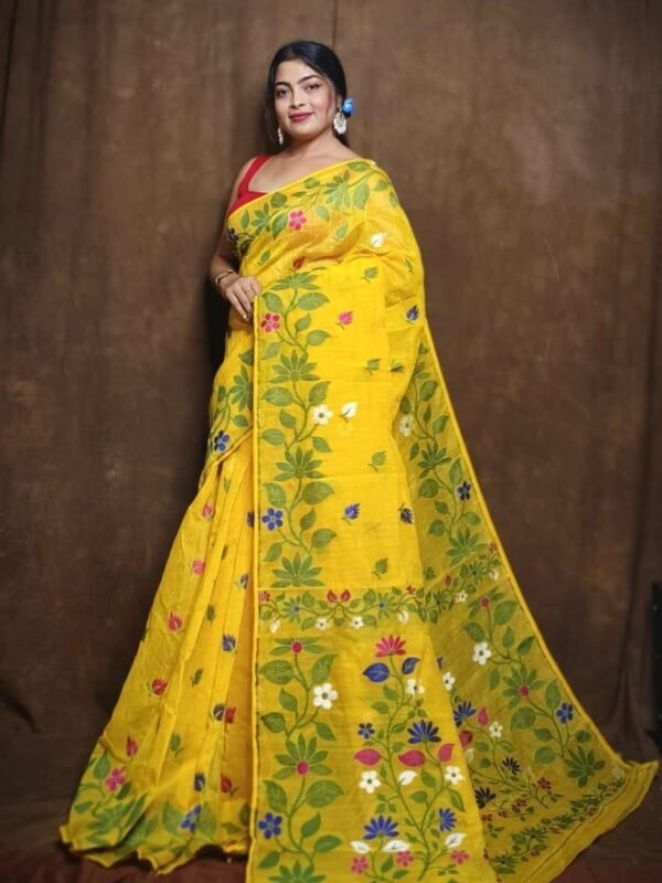 Yellow Green Soft Lota Jamdani Saree